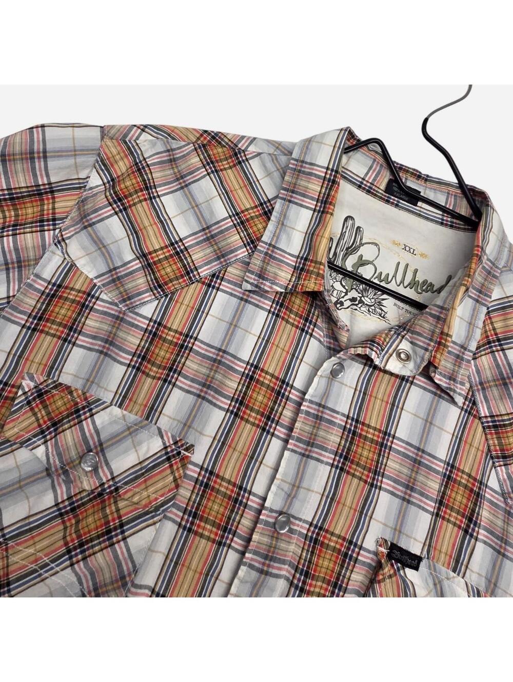 Y2K Bullhead white, brown, and beige plaid button up shirt